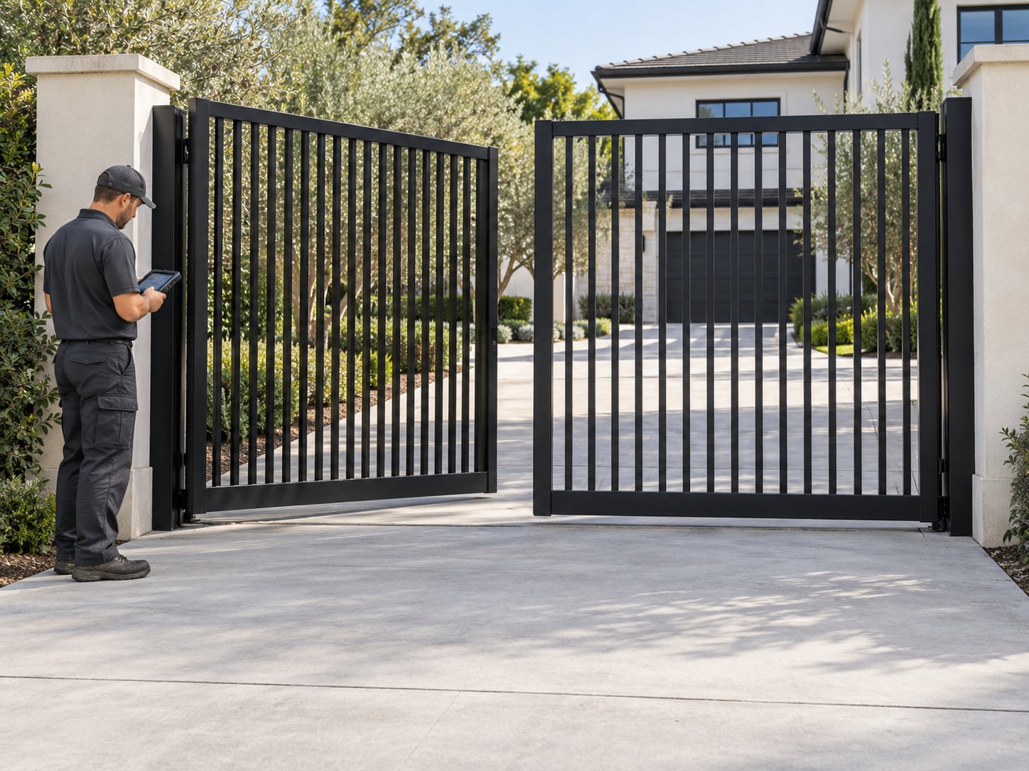 Technician diagnosing an automatic driveway gate that won't open or close